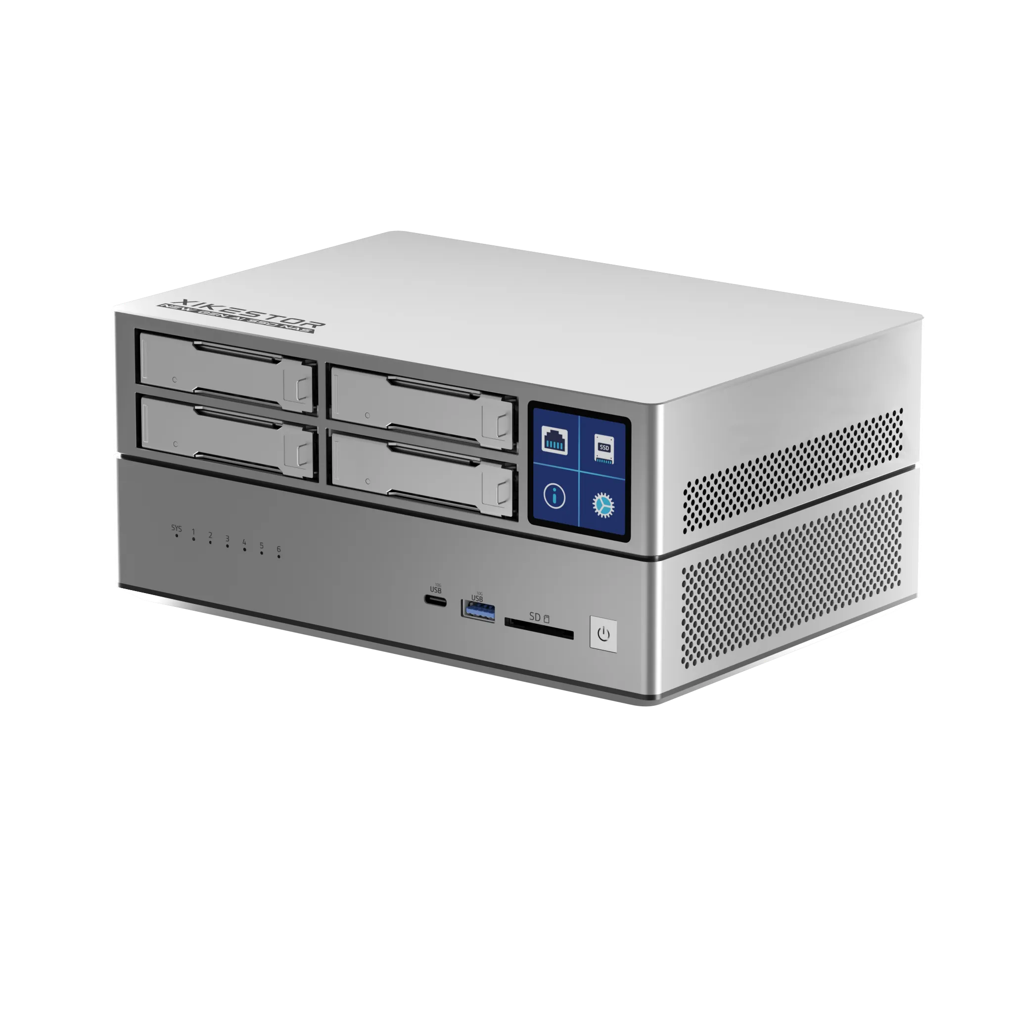 XikeStor FS520604D hybrid storage NAS showing M.2 NVMe and U.2 SSD bays with 176TB capacity for enterprise data.