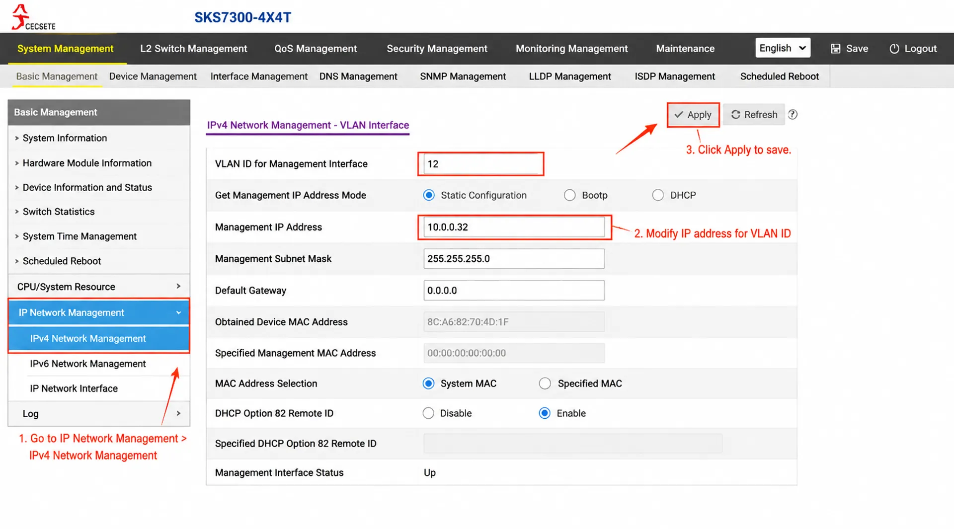 Change the switch login interface IP and bind it to VLAN 12 for dedicated management access.