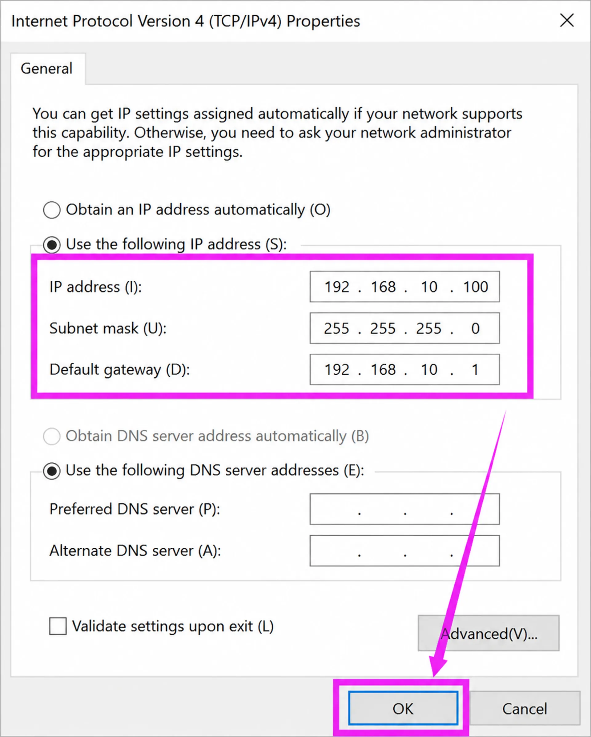 How to Change the Management IP Address of XikeStor Switches 6 Set static IP to 192.168.10.100 and subnet mask to 255.255.255.0 for XikeStor configuration.
