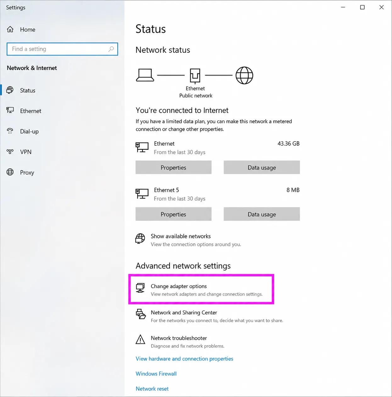 How to Change the Management IP Address of XikeStor Switches 3 Clicking 'Change adapter options' in Windows Network settings to configure XikeStor switch IP.